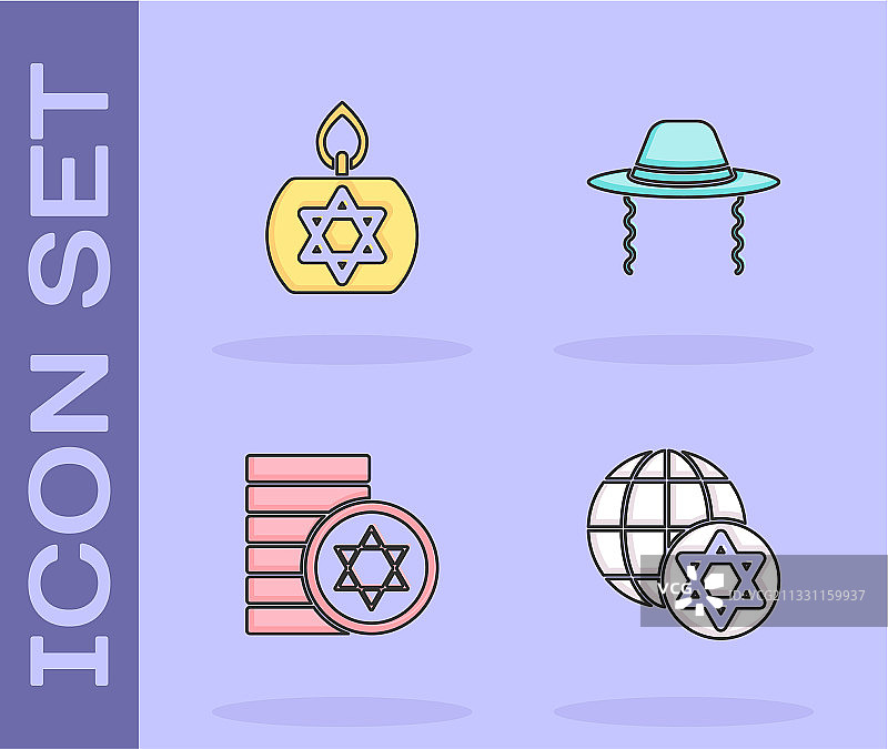 世界地球仪、以色列燃烧的蜡烛与犹太元素图片素材