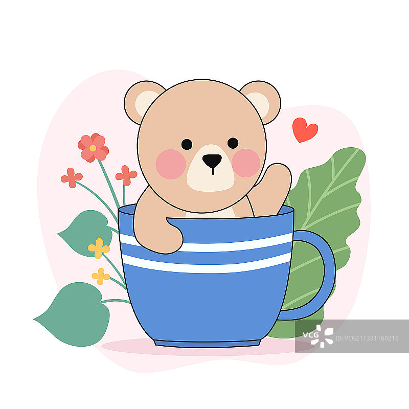 藏在杯子里打招呼的小熊矢量插画图片素材