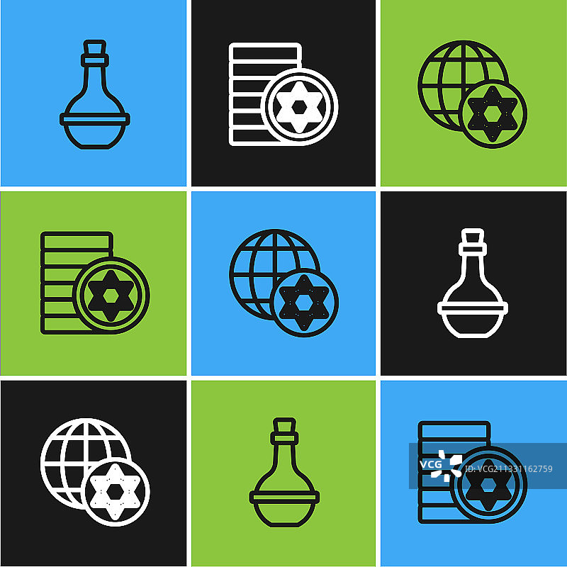 犹太葡萄酒瓶和世界地球仪线条组合图片素材