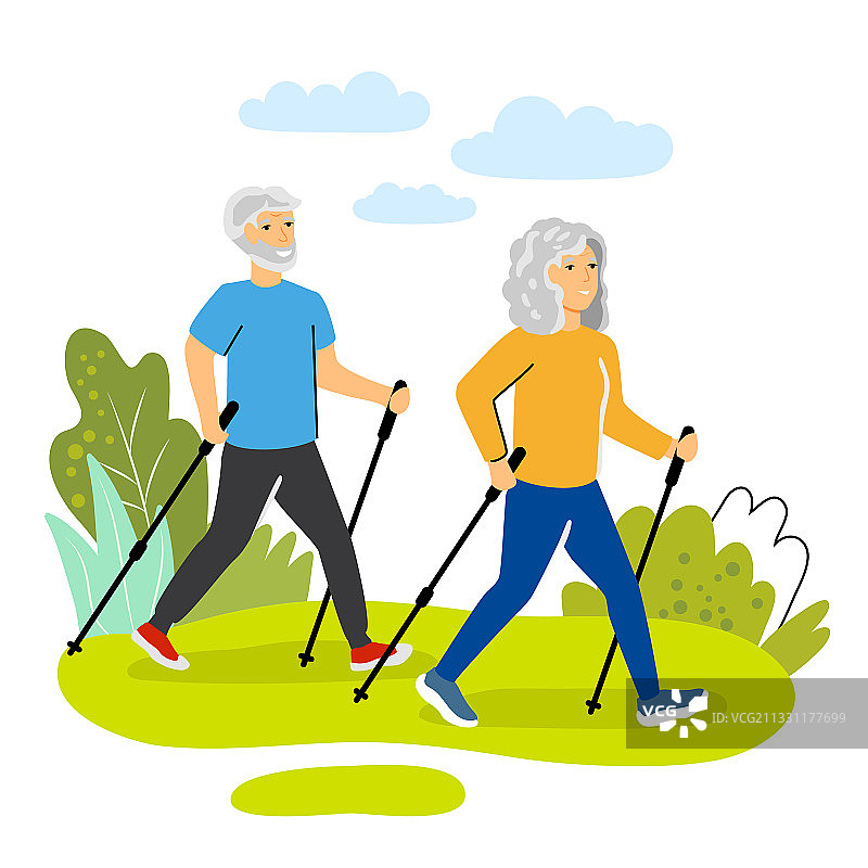 老夫妇北欧式健走图片素材