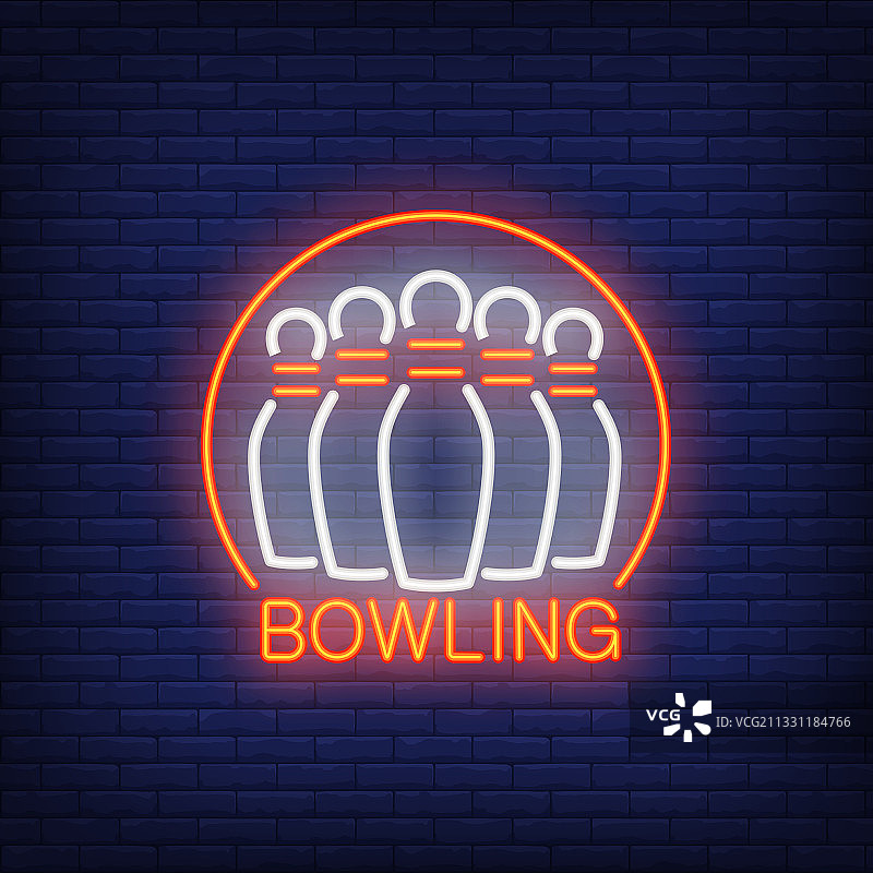 保龄球霓虹灯标志，配有球瓶和圆形框架图片素材