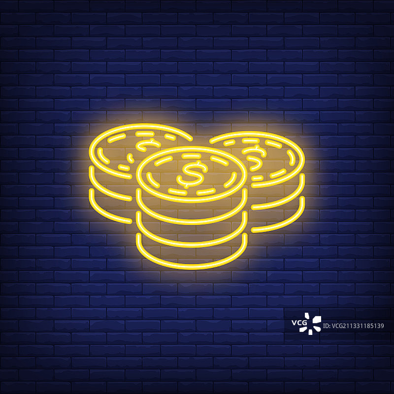 砖墙背景上的霓虹风格美元硬币堆图片素材