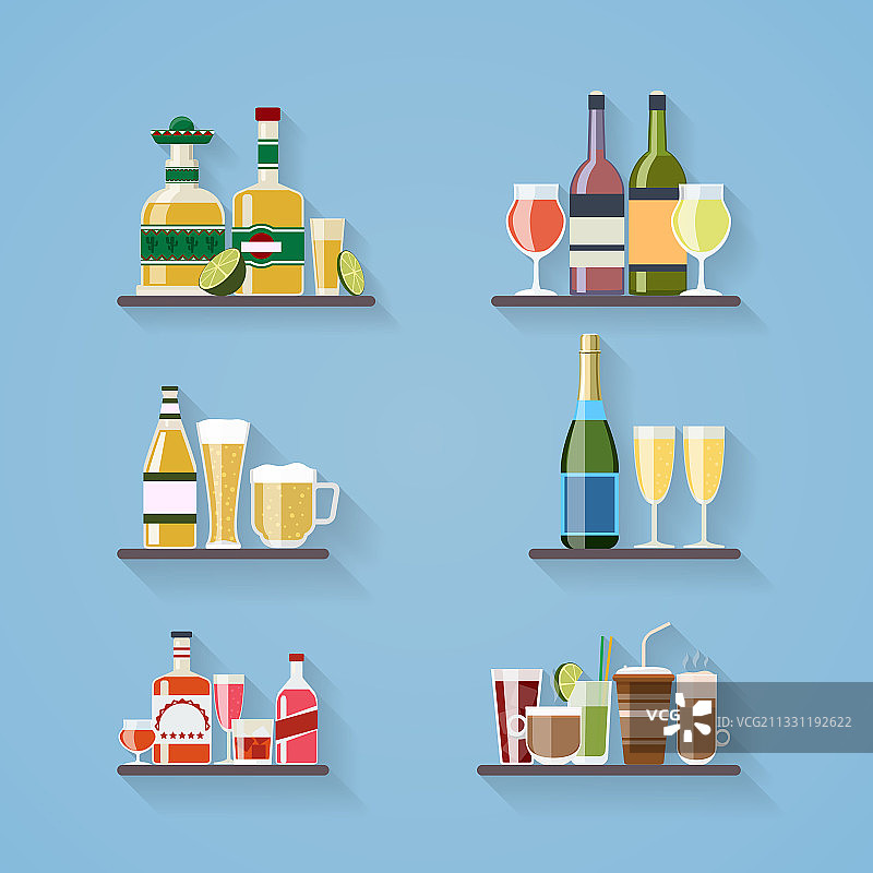 酒吧托盘上的酒水或饮品扁平图标图片素材