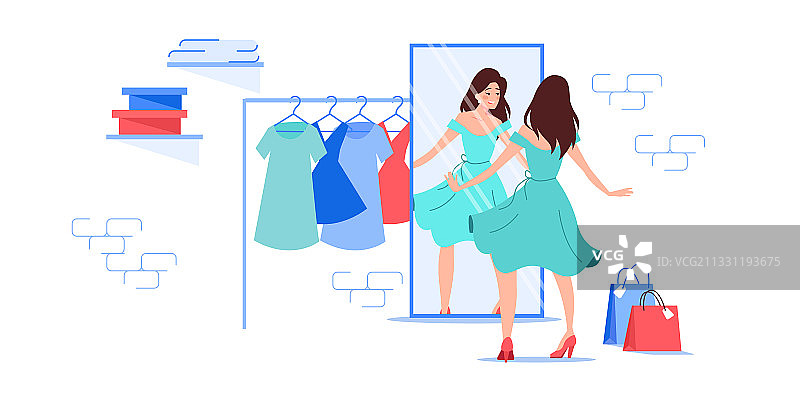 扁平风格卡通女孩试穿新连衣裙图片素材