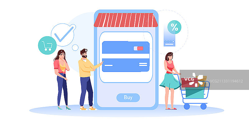 扁平卡通人物在网上商店购物图片素材