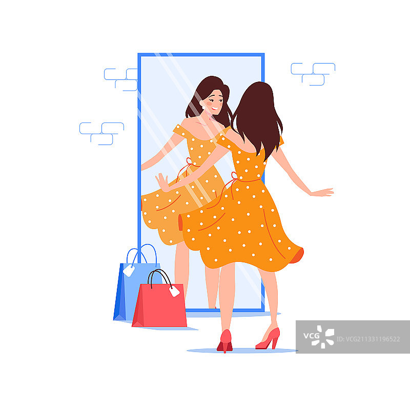 扁平风格卡通女孩试穿新连衣裙图片素材