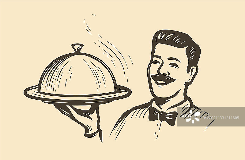 手持托盘的服务员：餐厅美食概念图片素材