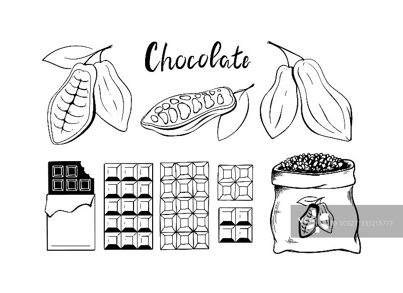 巧克力和可可豆图标集图片素材