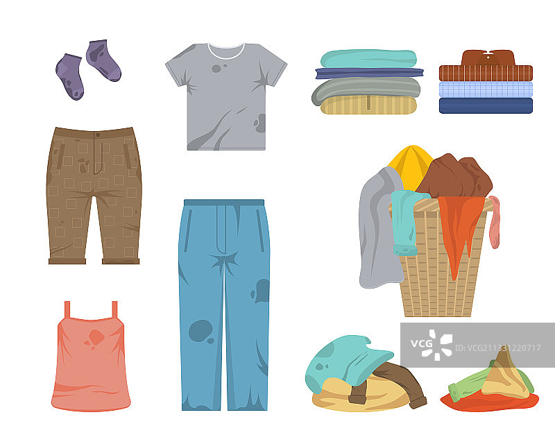 卡通彩色脏衣服和干净衣服图标集图片素材