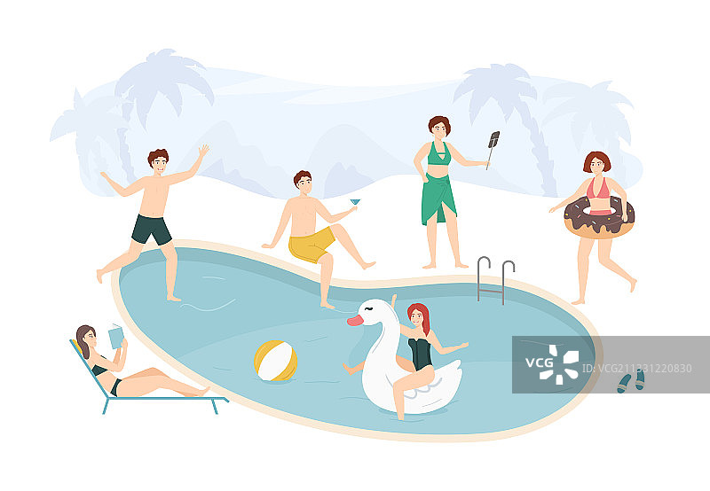 卡通彩色人物与泳池派对图片素材