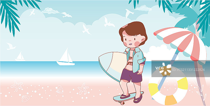 夏日男孩儿童滑水海边矢量插画横版图片素材