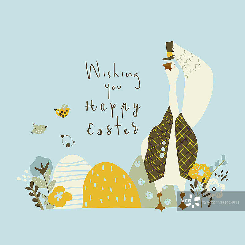 带复活节彩蛋和鲜花的可爱的卡通鹅图片素材