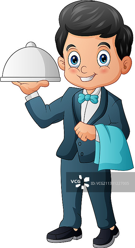 男服务员手持带盖餐盘图片素材