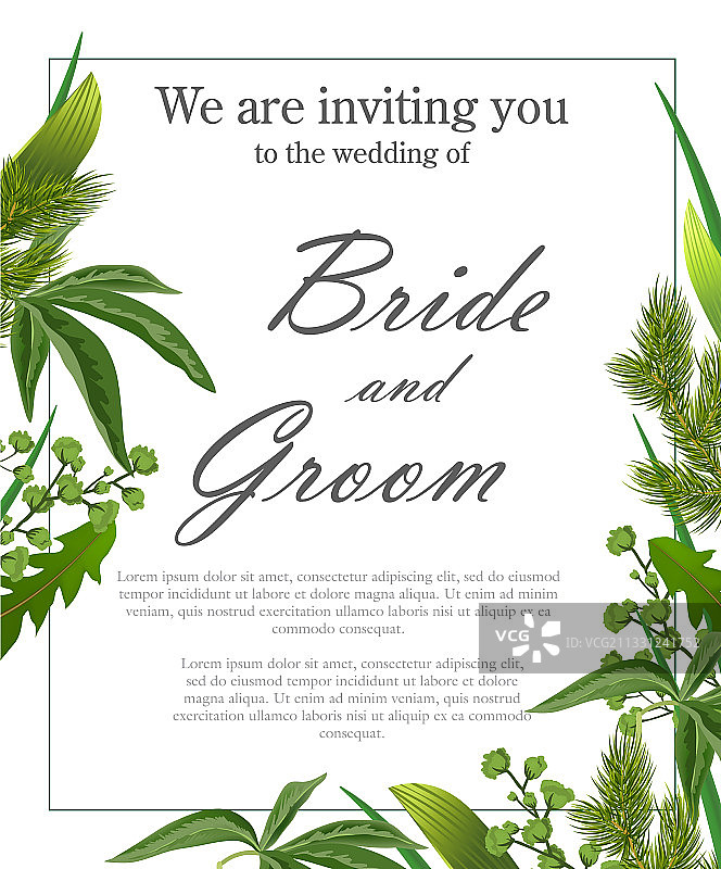 带绿叶的婚礼邀请函模板图片素材