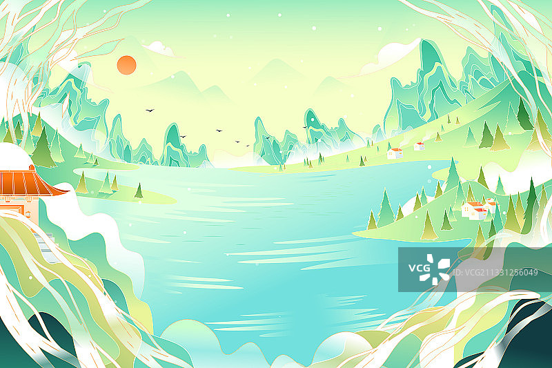 卡通端午佳节传统节日习俗赛龙舟粽子美食电商风景国潮中国风插画图片素材