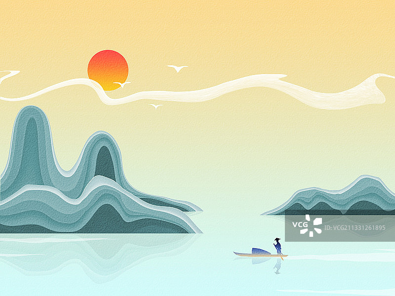 桂林山水新中式风格风景插画图片素材