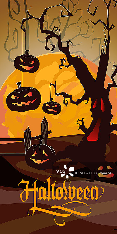 万圣节橙色月亮恐怖树图片素材