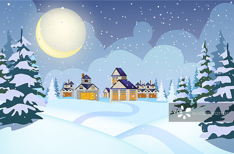 有雪堆和农舍的冬季景观图片素材
