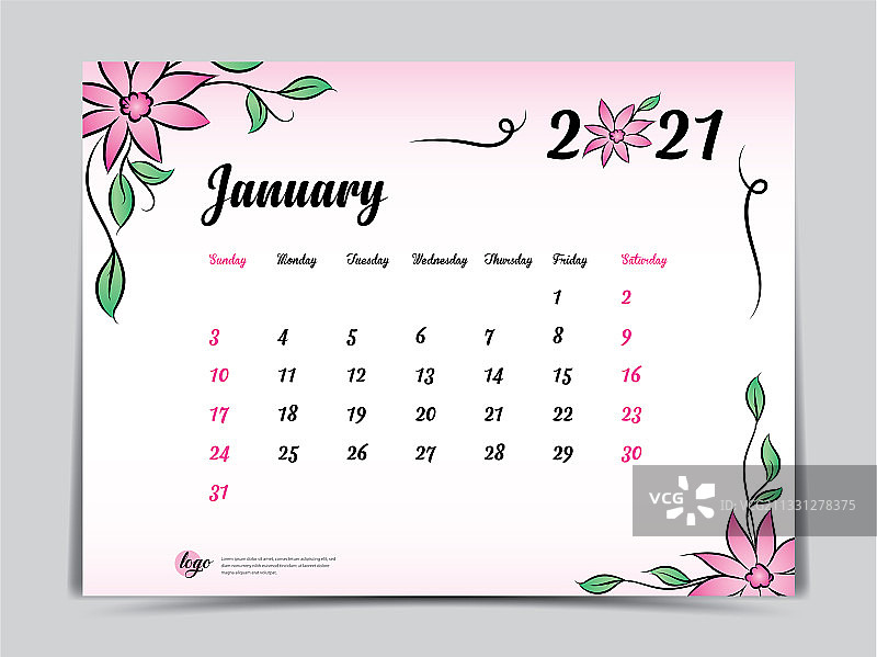 2021年1月粉色花卉日历模板图片素材