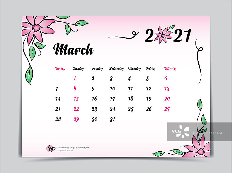 2021年3月粉色花朵日历模板图片素材