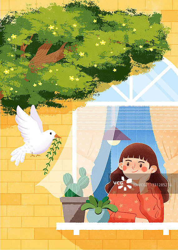 春天女孩趴在窗台前观看风景图片素材