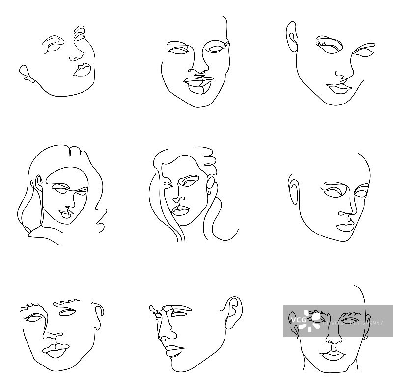 优雅的面部合集单线画面图片素材