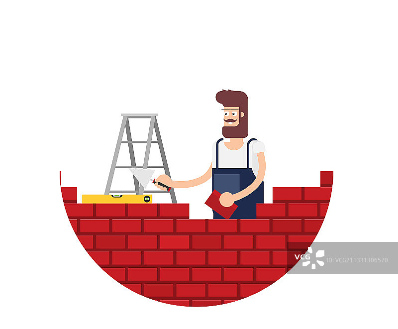 扁平风格青年男子砖块堆垛工与设备图片素材