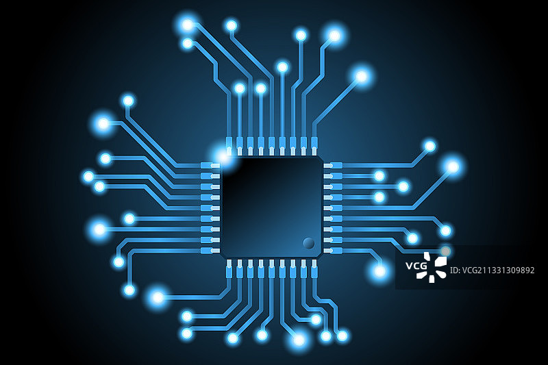微芯片CPU和发光导电轨道图片素材