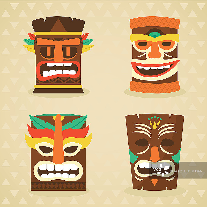 彩色设计的提基面具图标集图片素材