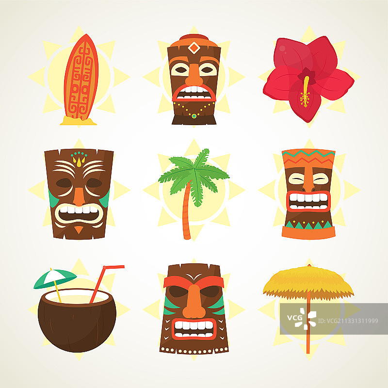 提基面具和夏威夷图标彩色设计图片素材