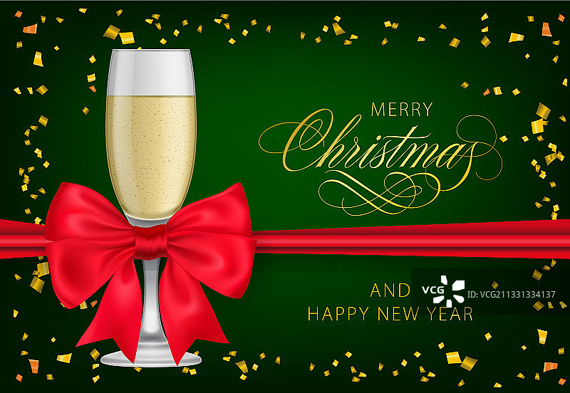 圣诞快乐，香槟酒杯与红色缎带图片素材