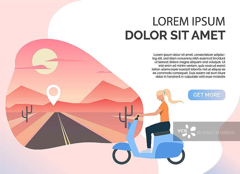 骑滑板车行驶在沙漠公路上的女人及示例文本图片素材