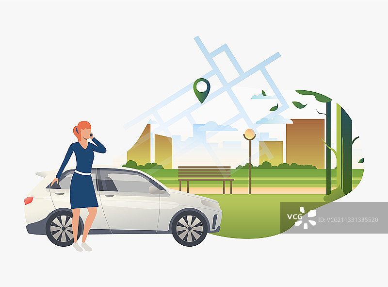 女人站在汽车旁，背景是城市公园图片素材