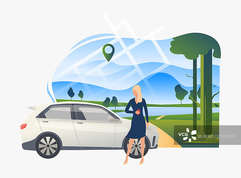 女人站在车旁，背景是风景图片素材