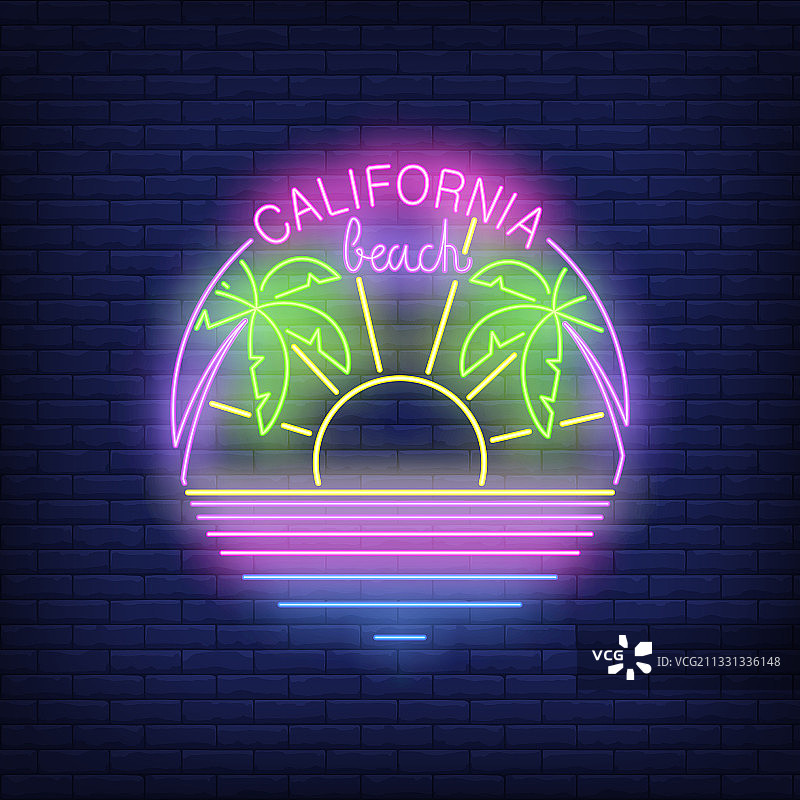 带有阳光棕榈树的加利福尼亚海滩霓虹文字图片素材