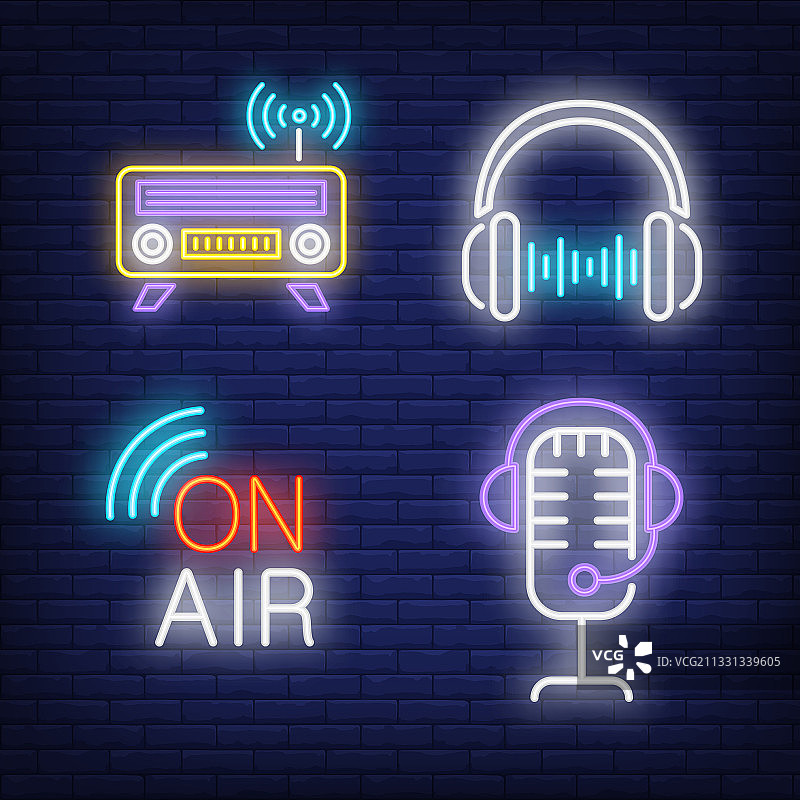 耳机收音机麦克风霓虹灯合集图片素材