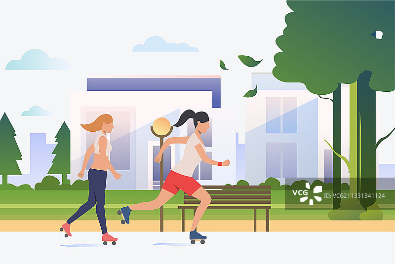 在公园滑冰的女人，远处有建筑物图片素材