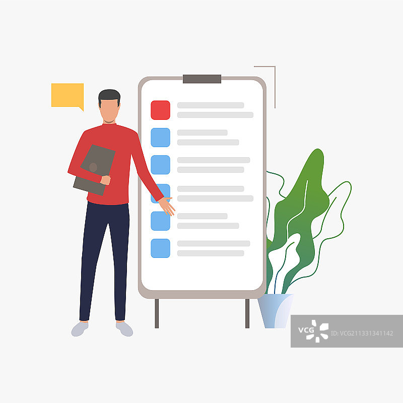男人站在带有列表的活动挂图前图片素材