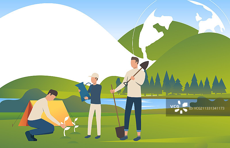 人们拿着喷壶和铲子进行种植图片素材