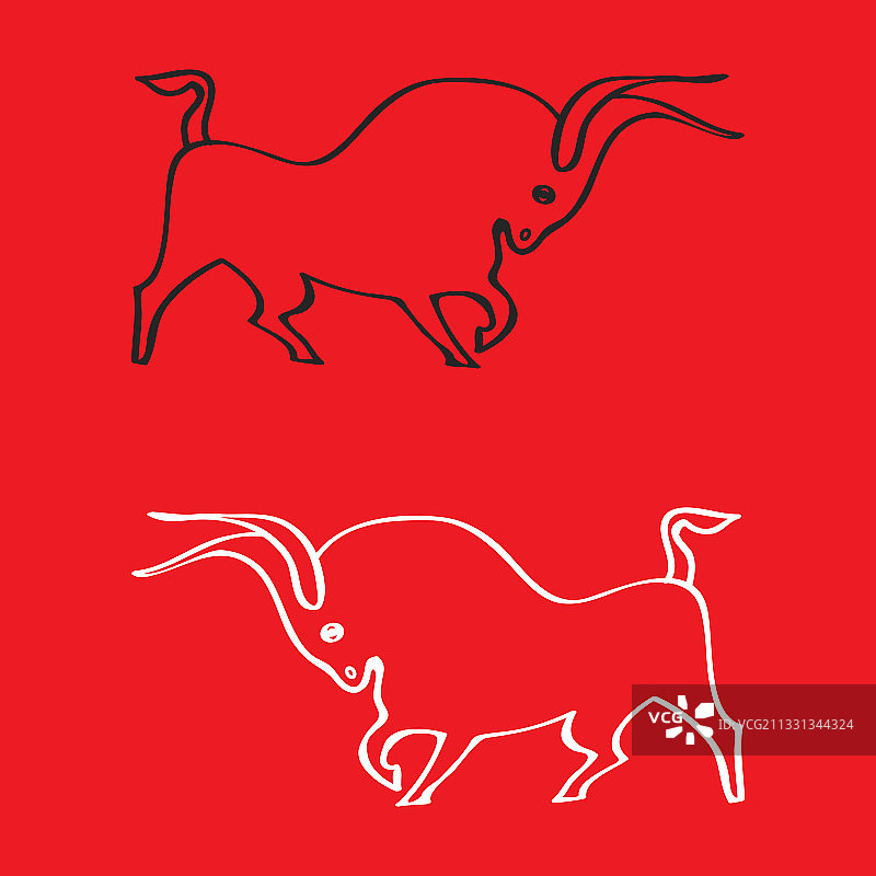 红色背景上的手绘素描黑白公牛图片素材