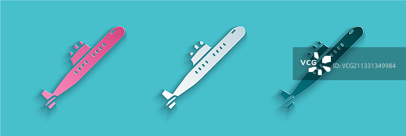 蓝色背景上的剪纸潜艇图标图片素材