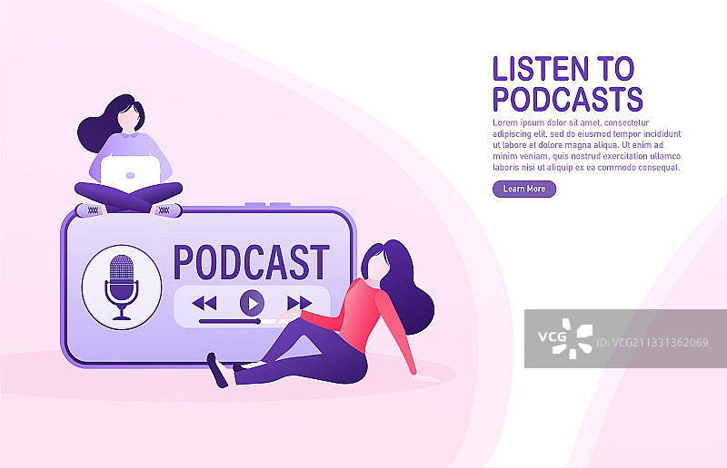 女孩正在休息，听在线播客卡通图片素材