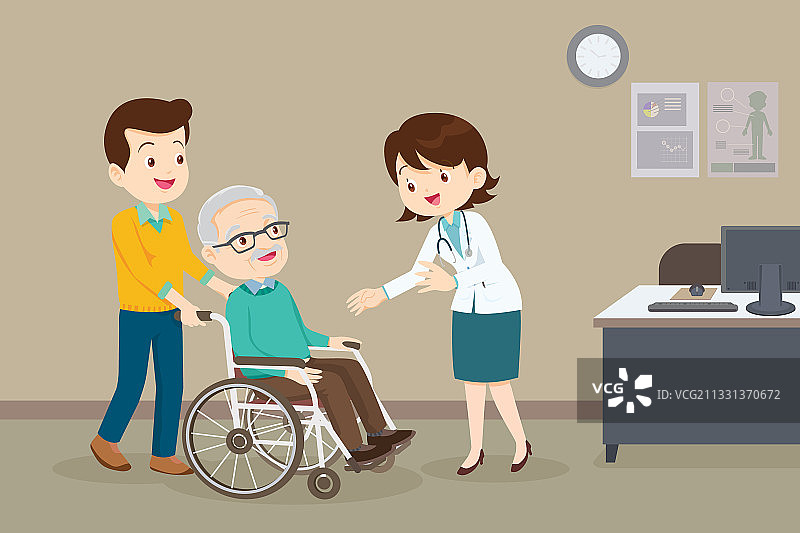 坐在轮椅上的年长男人看医生图片素材