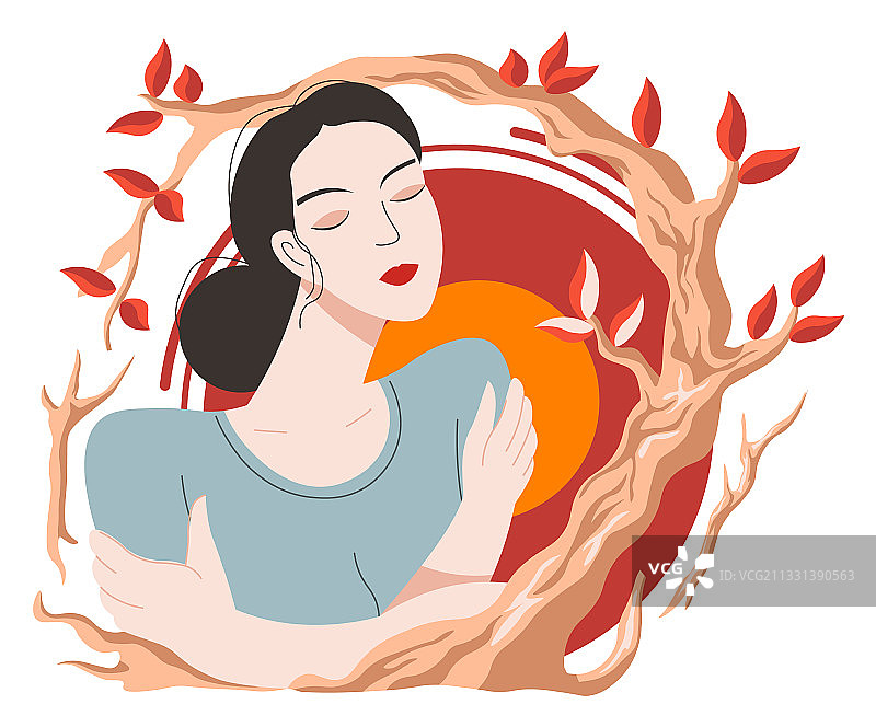 女性角色肖像和秋季树枝图片素材