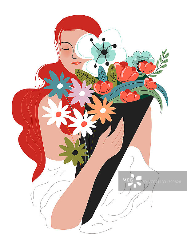 快乐的女性角色手捧花束图片素材