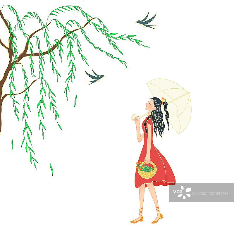 节气,柳树,清明,谷雨,雨水,二十四节气,扁平风,线条风,图片素材