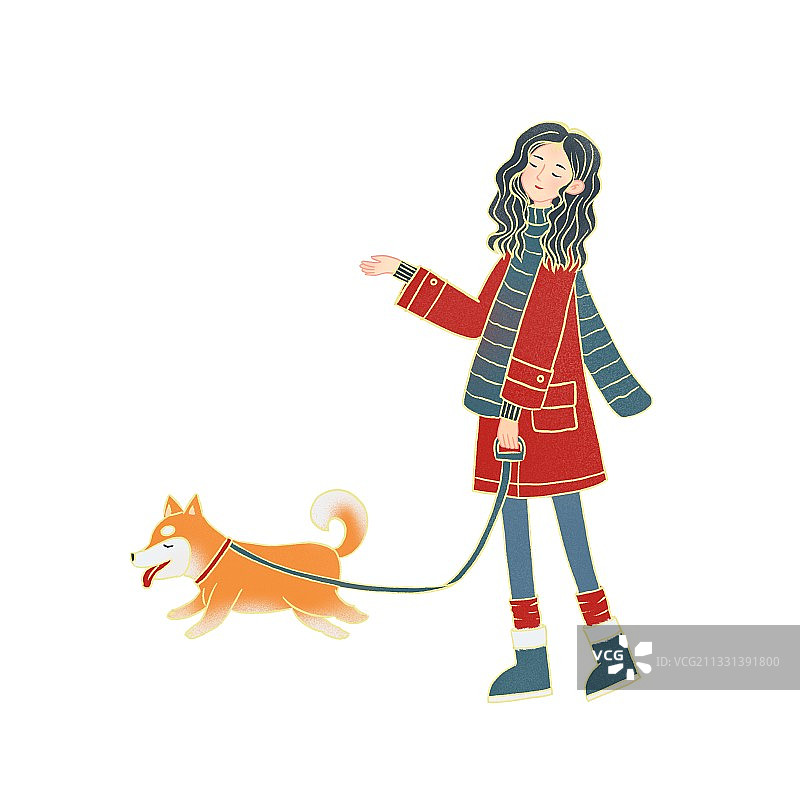 插画,女孩,冬天,狗,外套,围巾,遛狗,线条风,可爱的,扁平图片素材