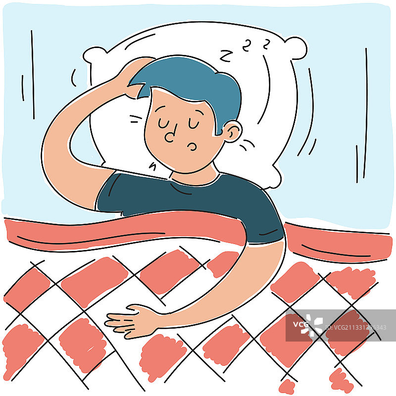 男子在床上睡觉的俯视涂鸦图片素材