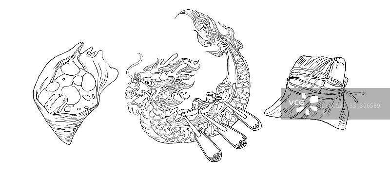 端午节龙船粽子国风线稿插画图片素材