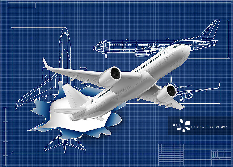 3D飞机穿过飞机蓝图孔洞图片素材